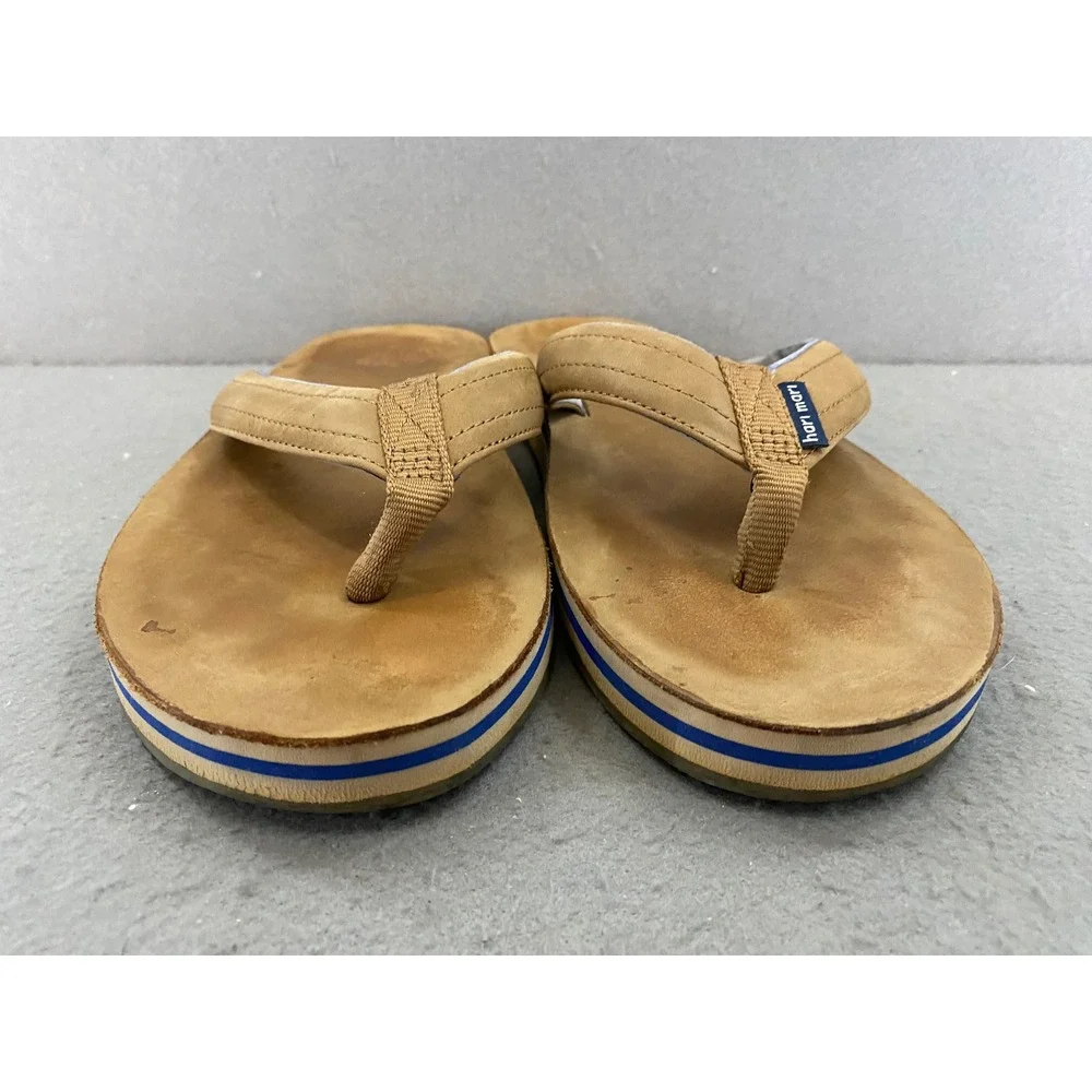 Hari Mari Fields Men 7 Tan Nubuck Leather Flip Flops Navy Blue Stripe Sandals